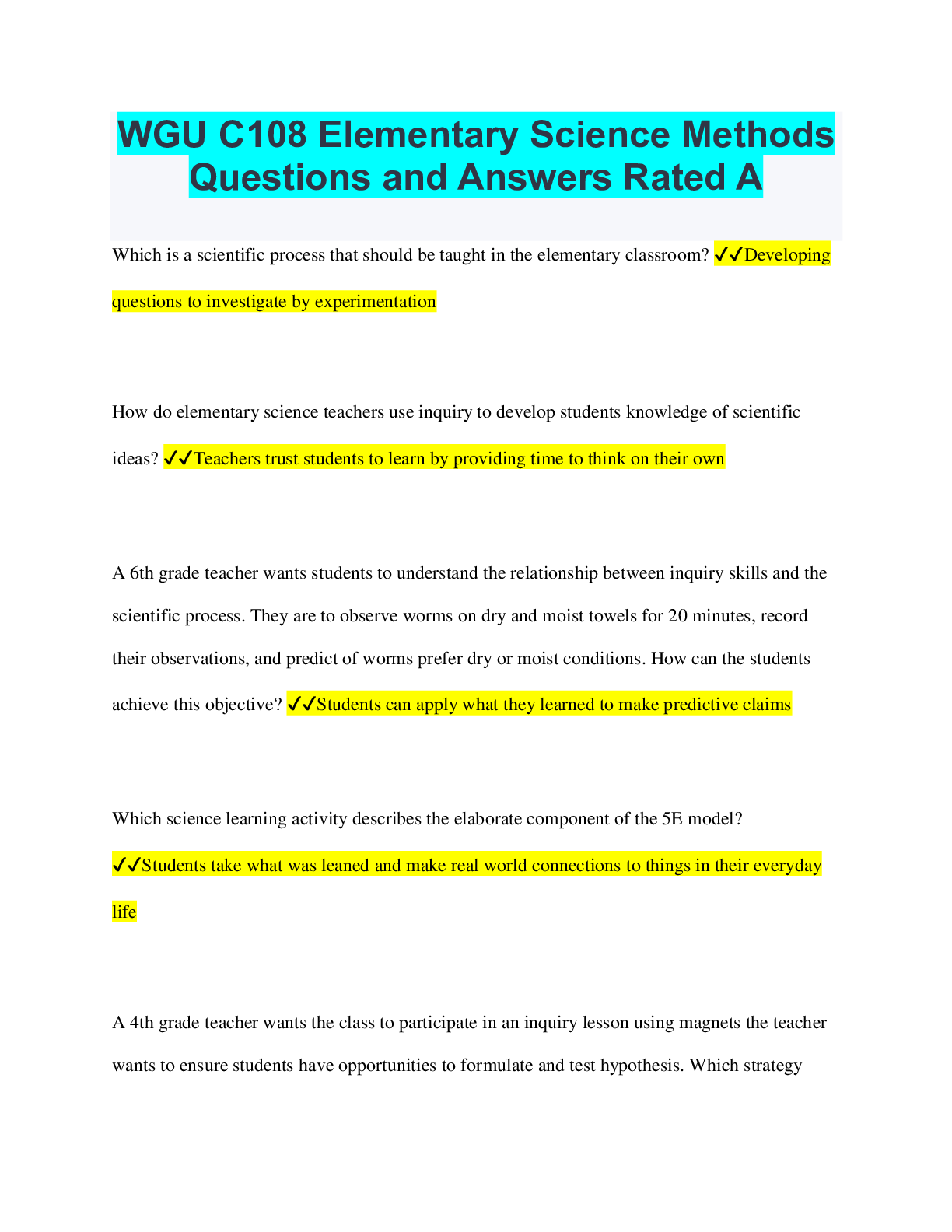 WGU C108 Elementary Science Methods Questions and Answers Rated A